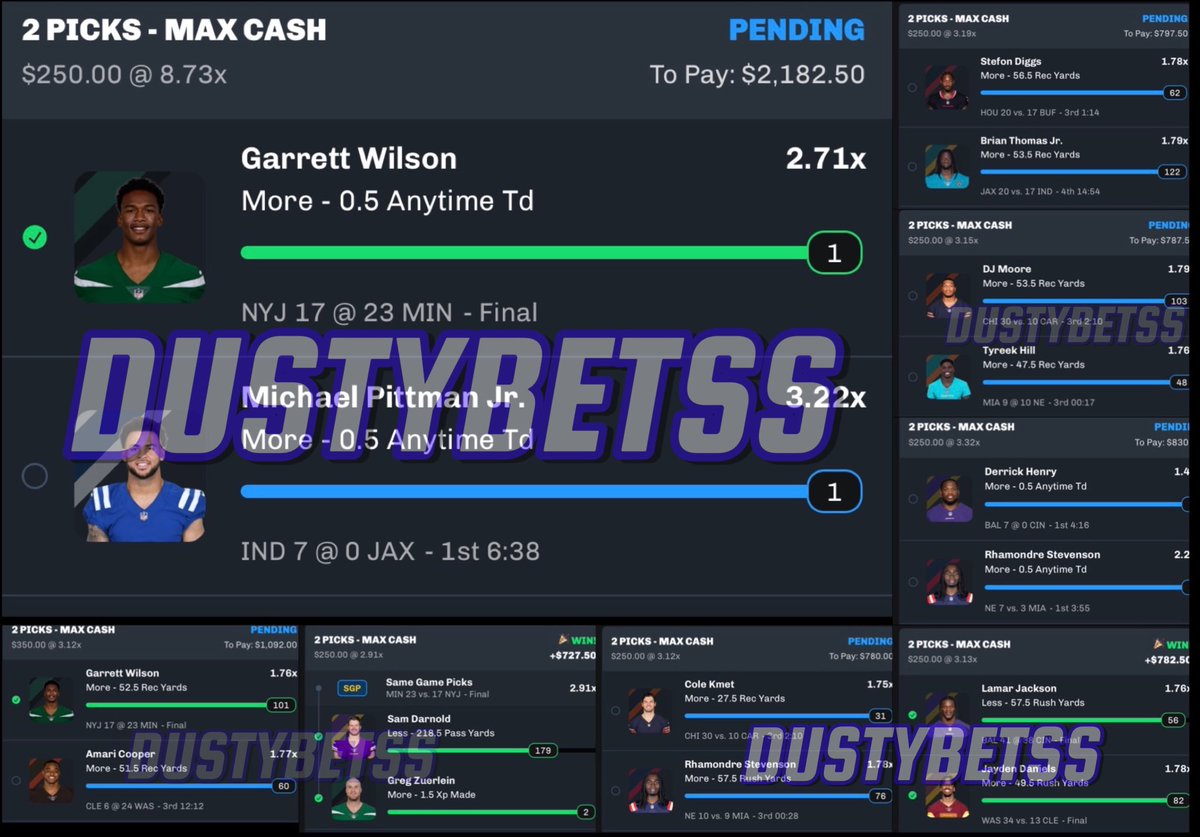 DustyBetss's tweet photo. WE GO UP $10,000 TODAY 

NFl Morning Prop List Today 

WE GO 14-0 FULL SWEEP 

LETS FUCKING  GOOOO ABSOLUTELTY CRUSHED IT IN DISCORD 

$25 Someone Who Likes/RT This Comment Below 

Yall The Discord Is $5.15 A Month Today was a legacy day truly ➡️ https://t.co/B3IDcpCCKv

Dj Moore O 53.5 Yds ✅
tyreek O 47.5 Yds ✅
Garrett Wilson O 55.5 Rec Yds / TD ✅✅
M Pittman O 0.5 ATD ✅
Henry O 0.5 ATD ✅
Rhamondre O 57.5 Yds / 0.5 ATD ✅✅
Cooper O 51.5 Rec Yds ✅
Cole Kmet O 31.5 Yards ✅
diggs O 56.5 Rec yards ✅
brian thomas O 53.5 Rec Yards ✅
Lamar U 57.5 Rush Yards ✅
Jayden Daniel 0 49.5 Yds ✅