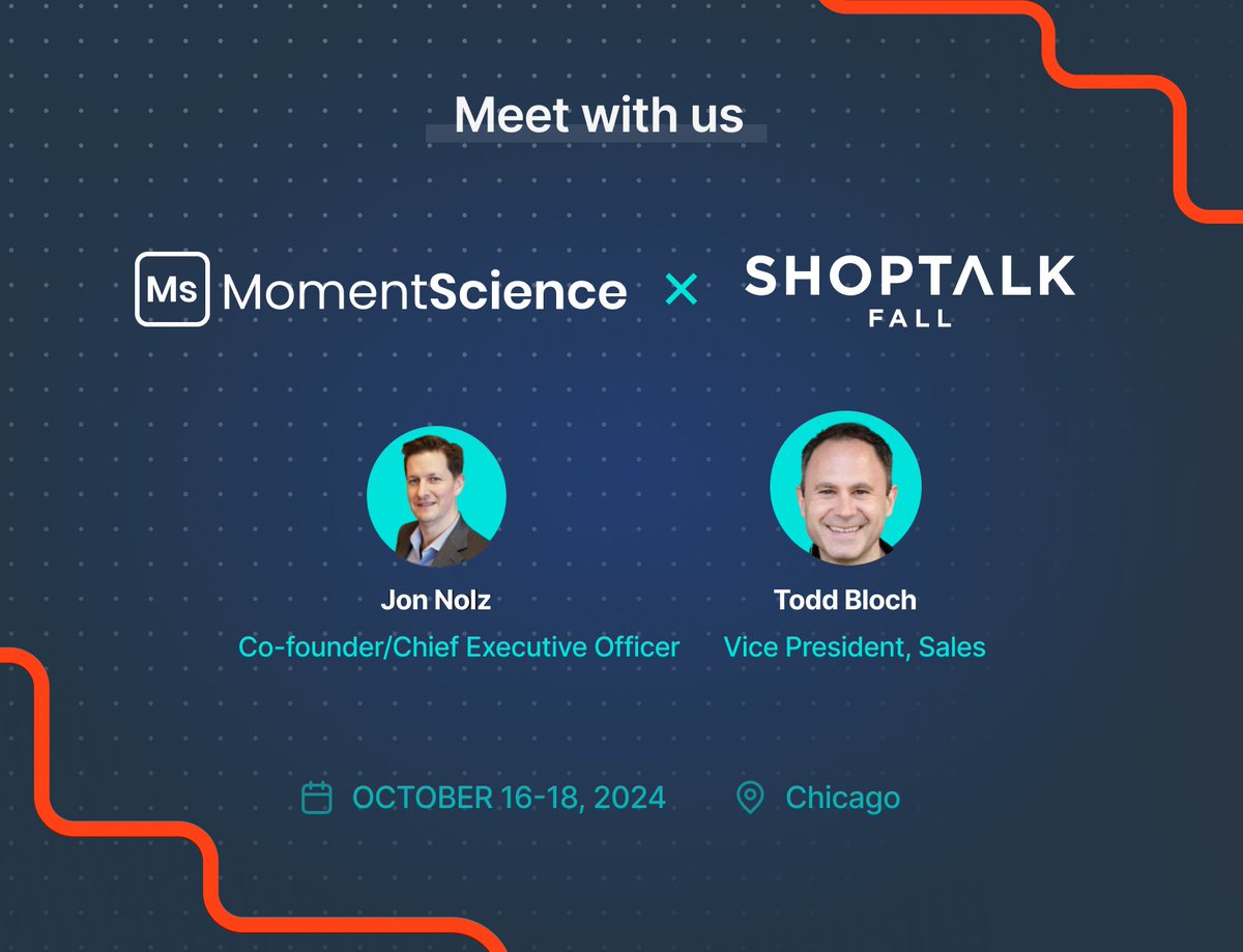 MomentScience_'s tweet photo. 🚀 We’re excited to announce that our Co-founder & CEO, Jon Nolz, and VP of Sales, Todd Bloch, will represent #MomentScience at #Shoptalk Fall 2024!
Come connect with us and explore how we’re revolutionizing retail.
#RetailLeaders #Ecommerce #MomentScience #Shoptalk2024 https://t.co/i1f7fJGxew
