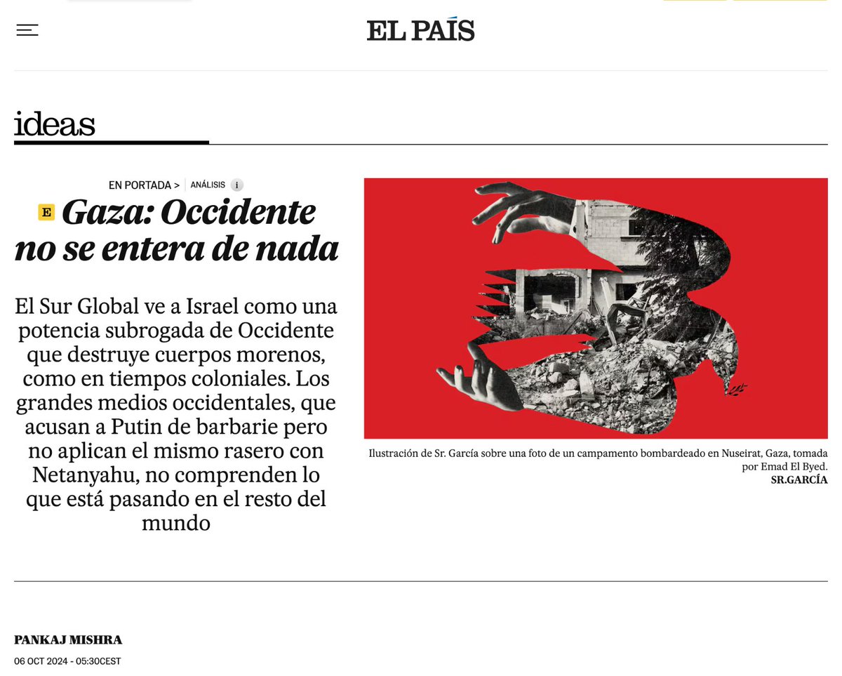 Davidsegarra's tweet photo. Anomalia en el sistema.

Es cola un anàlisi anticolonial en El País.

Es cola periodisme, pensament, història, context, empatia i perspectiva.

Es cola la humanitat en El País.

Llegiu a l'escriptor Pankaj Mishra.

Meravella.

https://t.co/LzrAfL8dcn https://t.co/omCmY2ZGRI