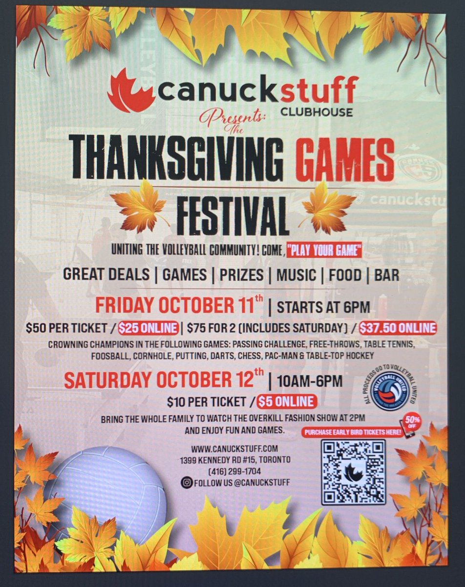 HeeseMark's tweet image. We are hosting the Thanksgiving Games Festival at Canuckstuff this Friday eve (Oct 11th) and Saturday day (Oct 12th). Come Play Your Game! Start your Thanksgiving weekend off with some family fun. See link to website and take a look at flyer for more info! bit.ly/cc_thanksgivin…