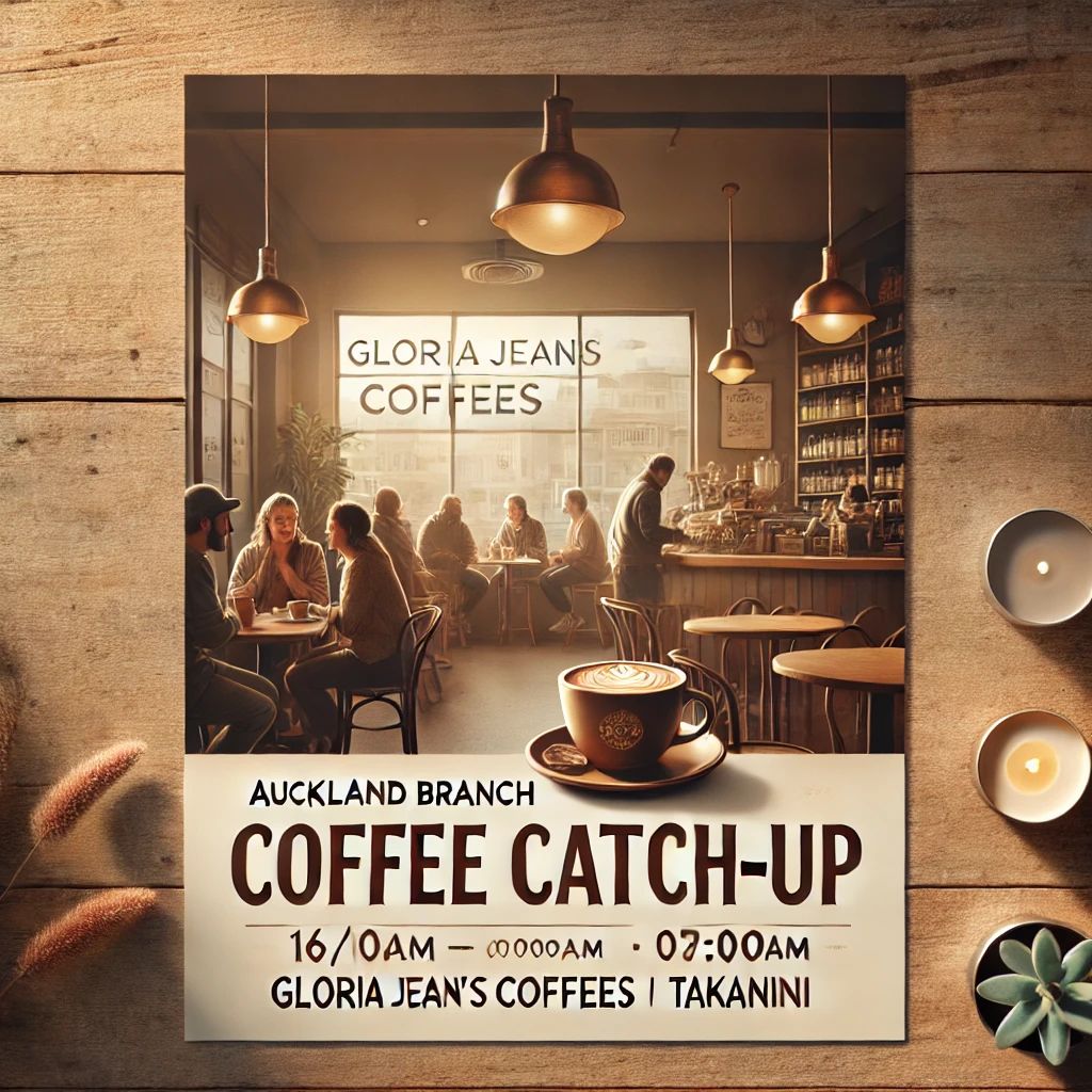 This months Auckland Branches coffee catch up is out east!

Auckland Branch: Coffee Catch-up (East)
16/10/2024 07:00am to 8:00am 
Gloria Jean's Coffees Takanini 
Map link here: buff.ly/47Lc8MM 

You can register here: buff.ly/4etoRGv 

We hope to see you there!