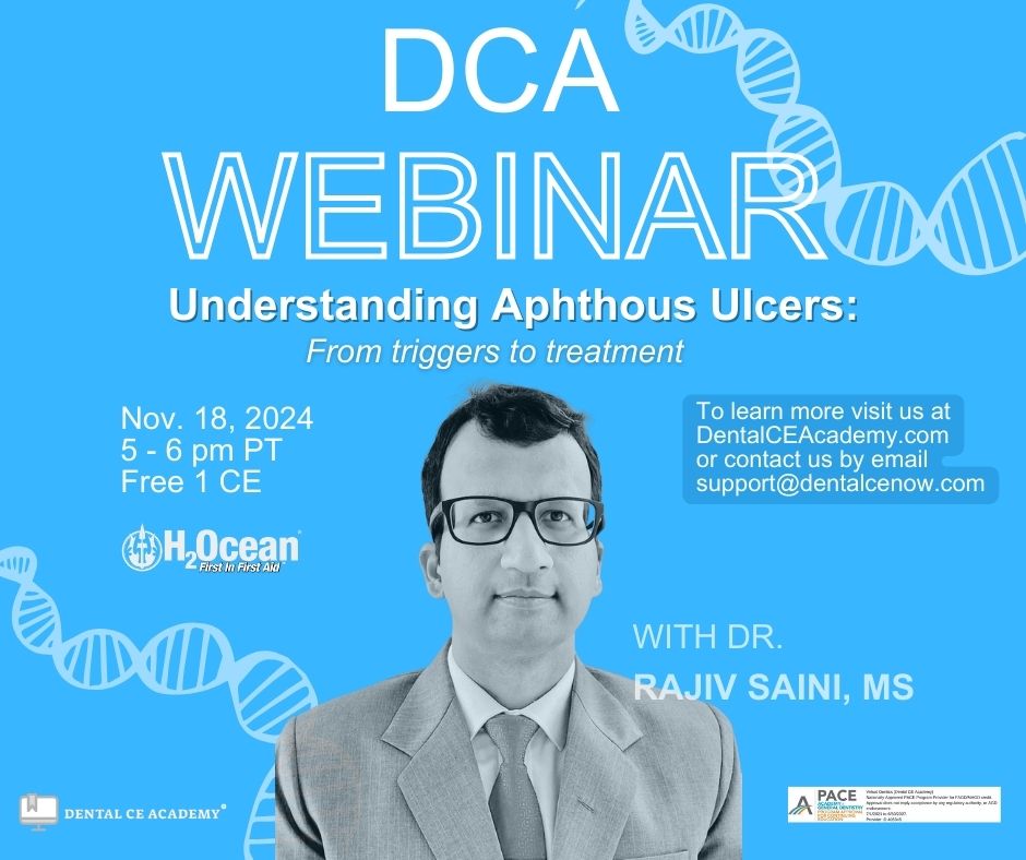 Join <a href="/DentalCEAcademy/">Dental CE Academy®</a> and Dr. Rajiv Saini, MS; <a href="/H2Ocean/">H2Ocean - The Original One since 2001</a> "Understanding Aphthous Ulcers: From triggers to treatment
Nov. 18, 2024: 5 - 6 pm PT
1 CE Credit - Free
Register: dentalceacademy.com/apthous-ulcers…  #Dentist #dental #dentalce #oralmedicine #dentistry