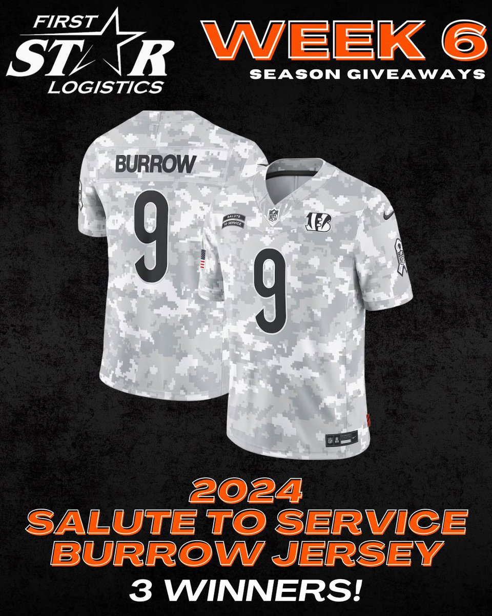 Firststarlog's tweet image. 🐅WEEK 6🐅

Enter to win a 2024 Salute To Service Burrow jersey!! 3 people will receive this limited edition Bengals jersey, here’s how to enter:

🐾 Follow us
🐾 Follow @DLInTheTrenches 
🐾 Follow @JoeGoodberry 
🐾 Follow @JakeLiscow 
🐾 RT this tweet

That’s it 😎 Winners…