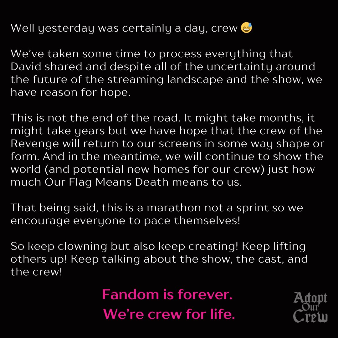 adoptourcrew's tweet photo. 💕🏴‍☠️ We have hope. It’s cute. 🏴‍☠️💕

(or some thoughts on David’s tweets from yesterday and where we go from here)

#OurFlagMeansDeath #AdoptOurCrew https://t.co/fCJJBqHAY0
