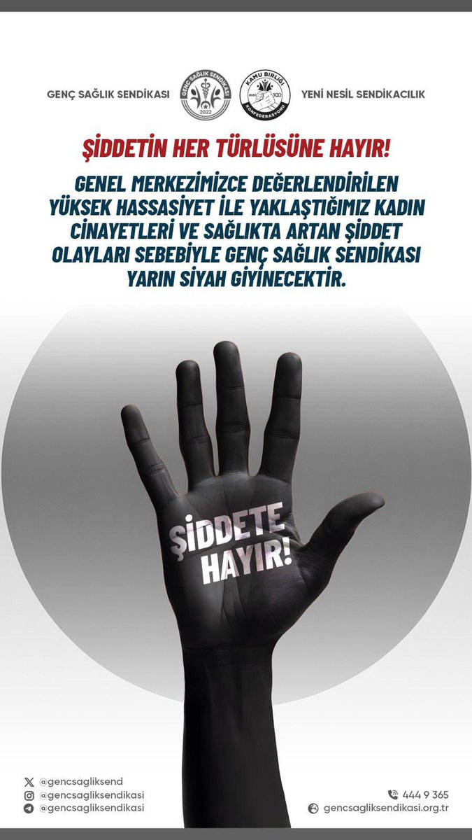 Son dönemde artarak devam eden kadın cinayetleri ve sağlıkta şiddet olayları üzerine Genç Sağlık Sendikası olarak aldığımız karar gereği siyah kıyafet giyiyoruz!

Her türlü alan ve mecrada var gücümüzle tepkimizi gösterecek, yaşanılan olaylara asla sessiz kalmayacağız.

<a href="/osmkya06/">Osman KAYA</a>