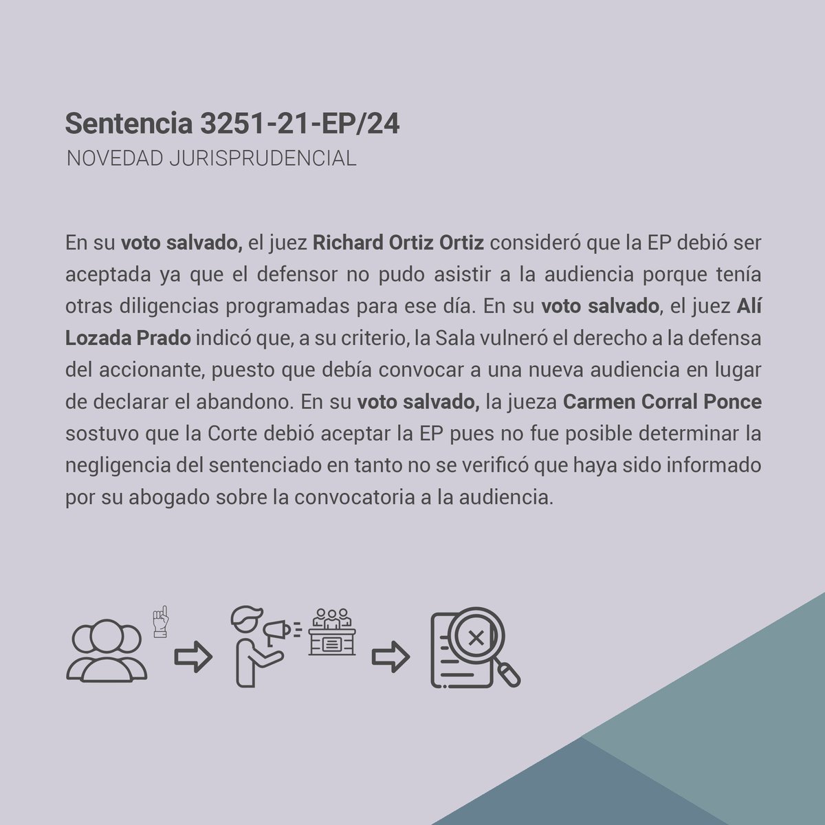 CorteConstEcu's tweet image. #NovedadJurisprudencialCC | Declaratoria de abandono por la inasistencia del procesado y su defensor a la audiencia de apelación, debido a su propia negligencia.

Lee más en la Sentencia 3251-21-EP/24⬇️
tinyurl.com/ytmevbvb