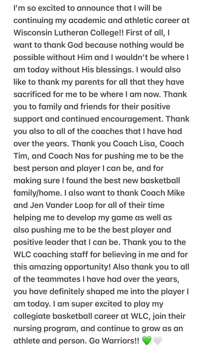 abbiecropsey's tweet photo. I am excited to announce that I have committed to WLC!! 💚🤍@CoachKnueppel @LisaMVanWyk @WLC_WBB @WIBlazeInferno @InsideWLC https://t.co/3HvJK4v3tO