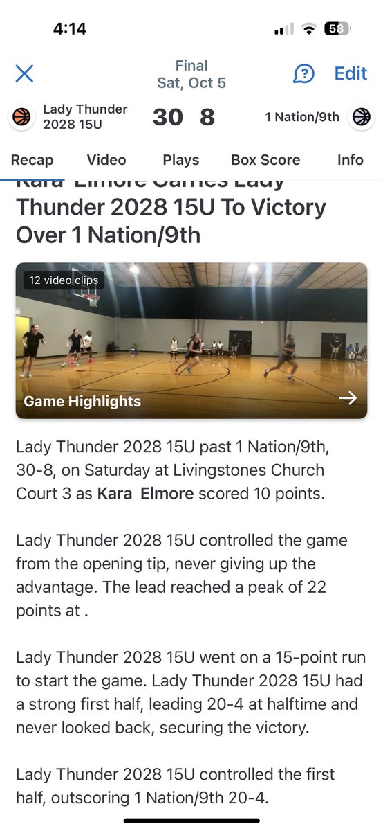 ElmoreKara's tweet photo. 15u against 1 Nation/30-8/10 points/freshman https://t.co/0zxbonO75e