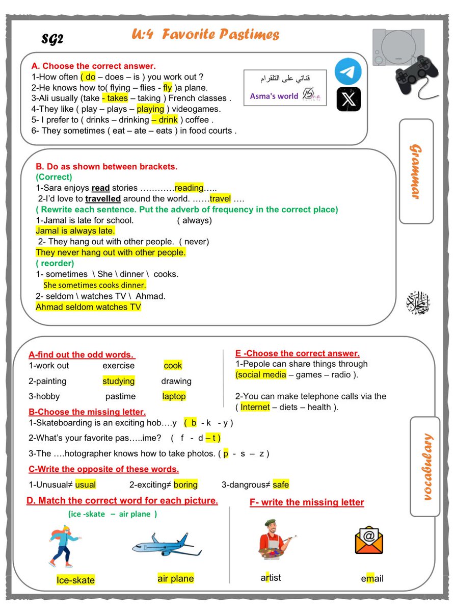 📍Revision SG2 U: 4

Favorite pastime 🏄🏻‍♂️🚣🏻‍♂️.

مراجعه الوحده الرابعة 
للصف( الثاني متوسط ) + نموذج الحل ✨.

drive.google.com/drive/folders/…