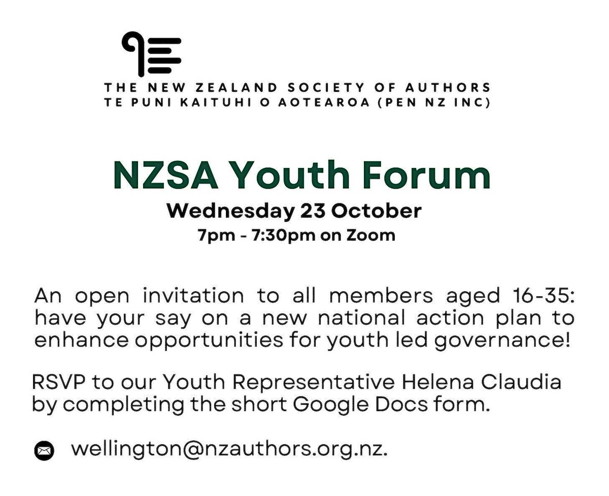 NZSAuthorsWgtn's tweet image. NZSA Youth Forum.
Please sign up using the Google doc:
docs.google.com/forms/d/e/1FAI…