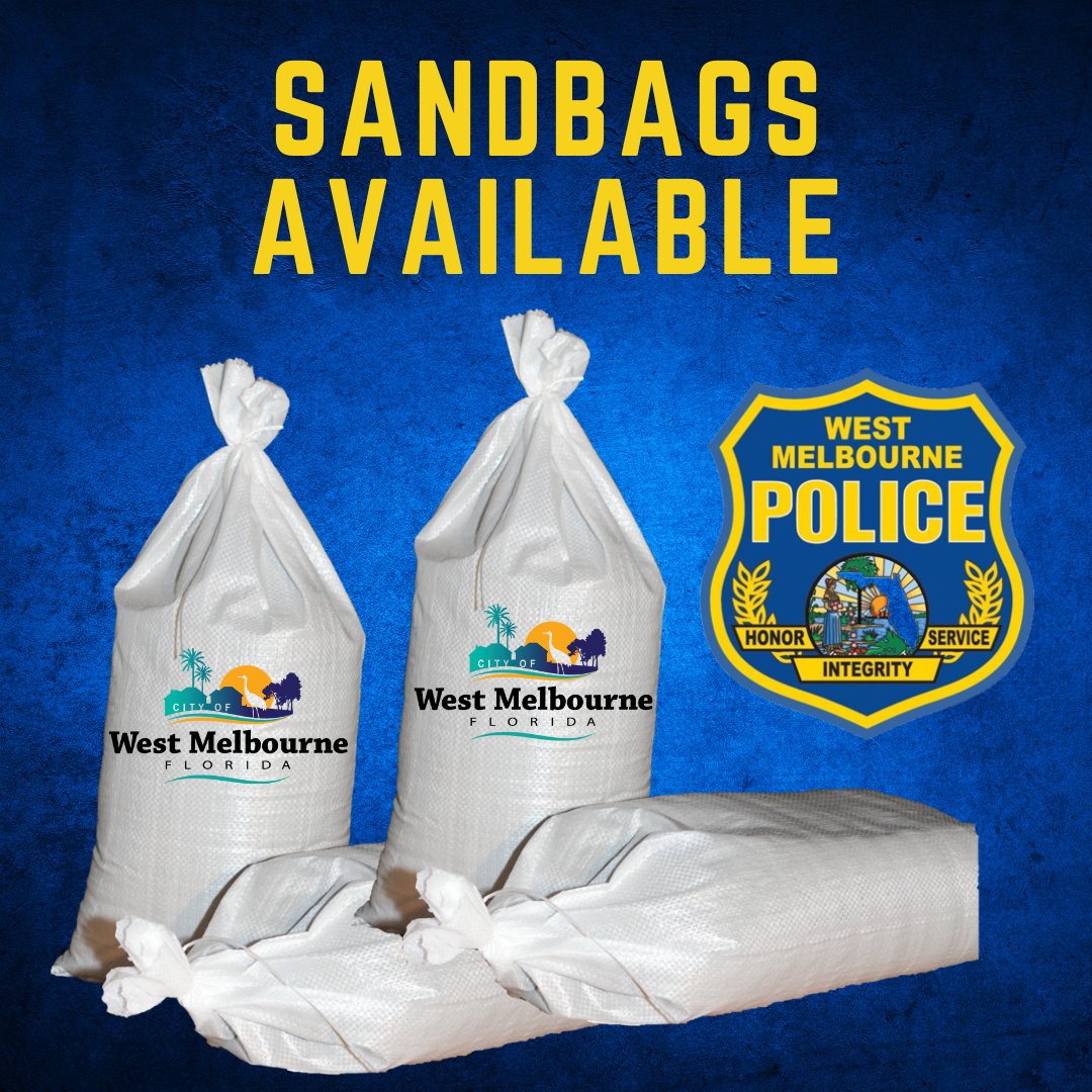 West Melbourne residents ONLY (i.d. required) may fill 10 sandbags at Community Park on Monday, 10/7 from 10a-3p, or until the sand supply is exhausted. Access to the park will be from the Minton and Wingate/Fell Road only, through Max Rodes Park and east on Flanagan to the park.