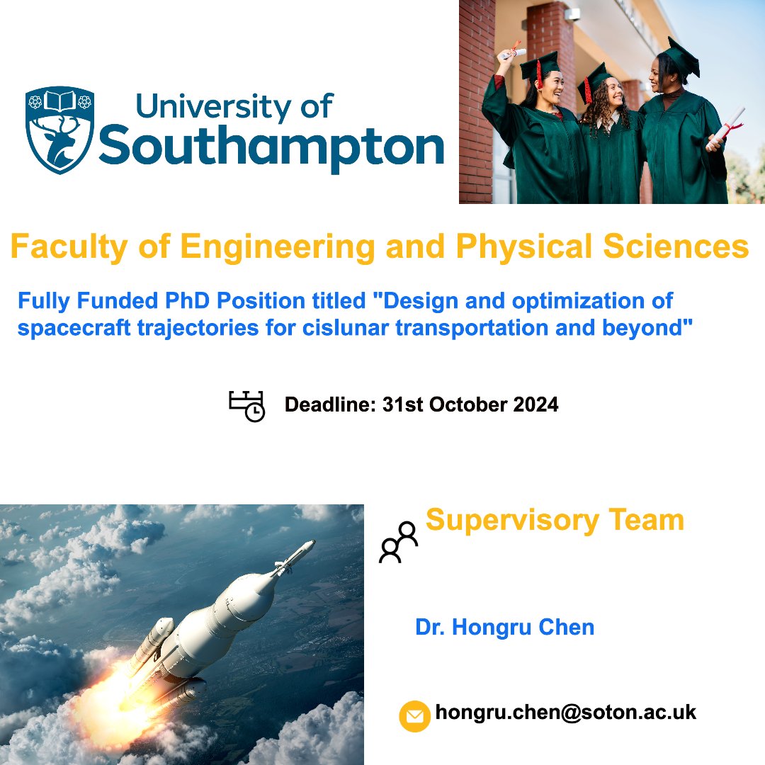 PhdScanner's tweet image. 🔃 Fully Funded📢📢 #phdposition alert

✅ Passionate about #Astrodynamics #Spacecraft  🚀🌒🌍🛰️

✅ Rare upto 3⃣.5⃣ years fully funded #PhDposition within the Faculty of Engineering and Physical Sciences @unisouthampton

📌 This #phdproject is titled &quot;Design and optimization of…