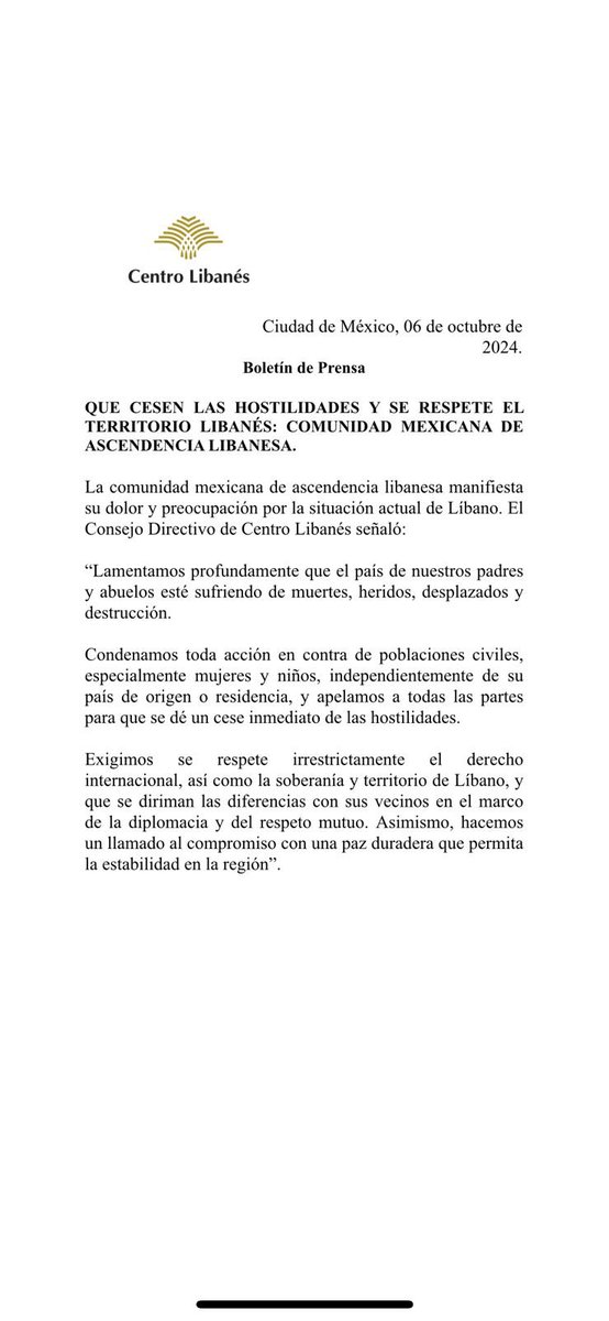 “Que cesen las hostilidades y se respete el territorio libanés”, pide la comunidad mexicana de ascendencia libanesa.

Este es el comunicado que se publica hoy por parte del Consejo Directivo del <a href="/CENTROLIBANESAC/">CENTRO LIBANES A.C</a>, que preside <a href="/danielkaramt/">Daniel Karam</a>. 👇🏼
