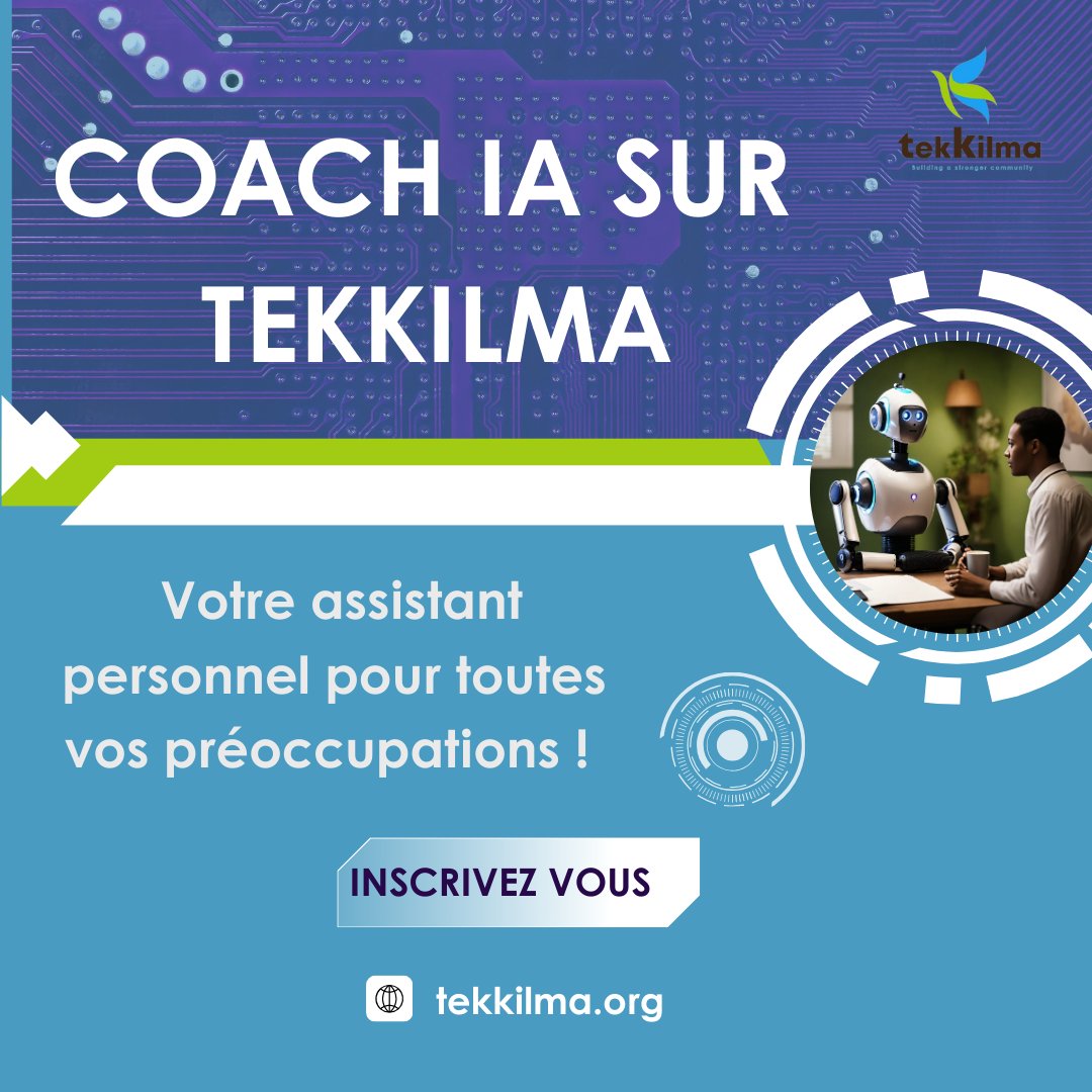 tekkilma's tweet photo. "Découvrez notre coach IA sur TekKilma, votre assistant personnel pour toutes vos préoccupations !  
#tekkilma #soutienacadémique #Boursesetudes #Senegal https://t.co/hHyUnUYo31
