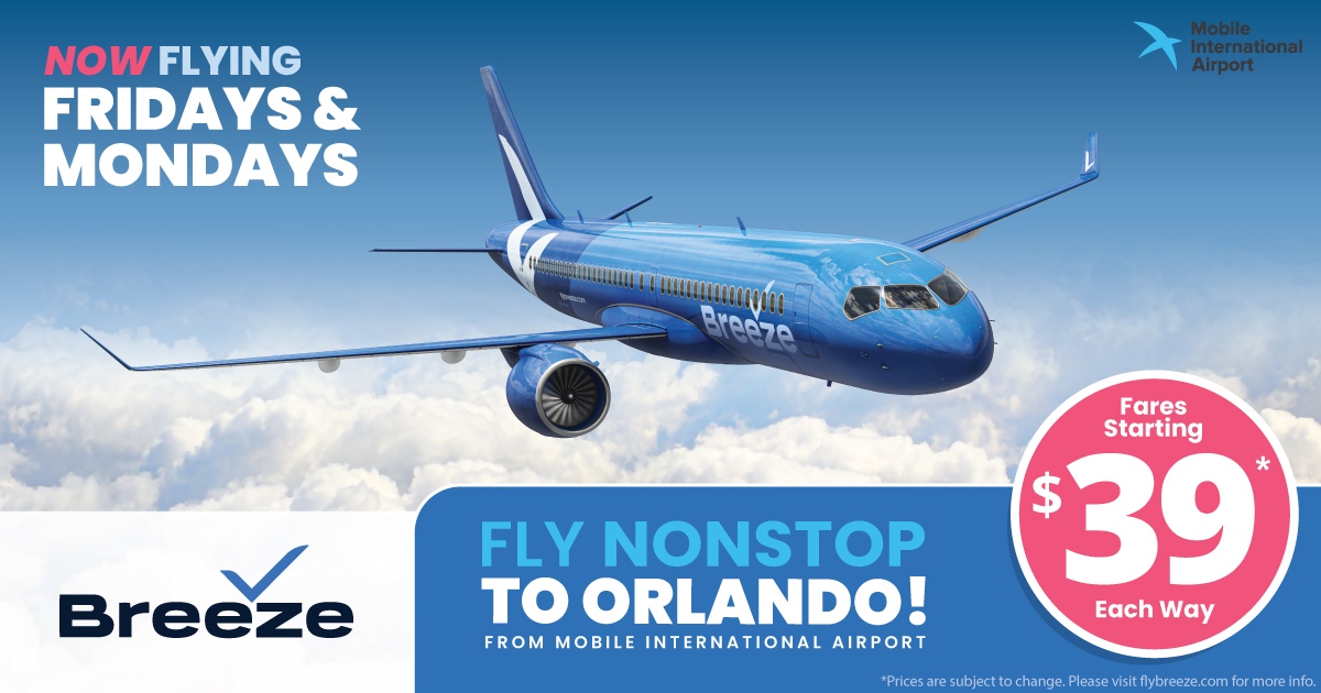 Nonstop to Orlando from Mobile International Airport? Yes, please! Breeze Airways now flies Fridays and Mondays, with flights starting at just $39 one-way. More time for adventures, less time on the road! ✨✈️ #FlyBreeze

FlyBreeze.com