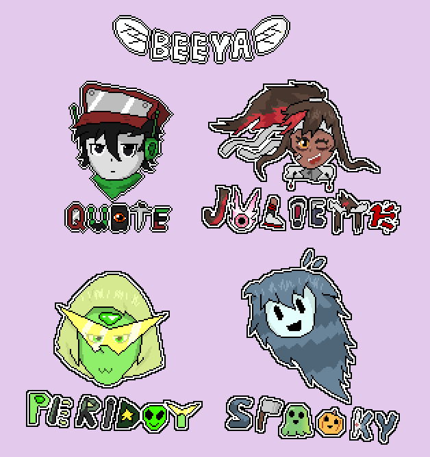 beeya220's tweet photo. Sillyheads 4/7
Quote, Juliette, Peridot and Spooky

#pixelart #cavestory #omegastrikers #stevenuniversefanart #spookyjumpscaremansion #sjm https://t.co/fJWGTntnWE