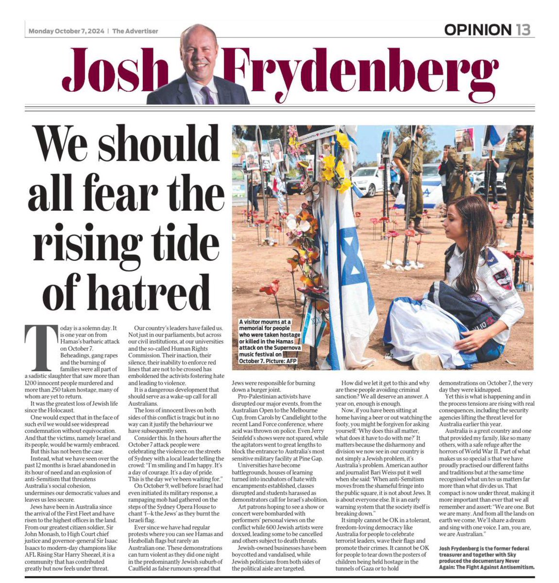 Today is a solemn day one year on from Hamas's barbaric attack on October 7.

We pray for the safe return of the 101 hostages, and hope to see an end to the disharmony &amp; division unleashed here at home.

My op ed➡️ heraldsun.com.au/news/opinion/f…