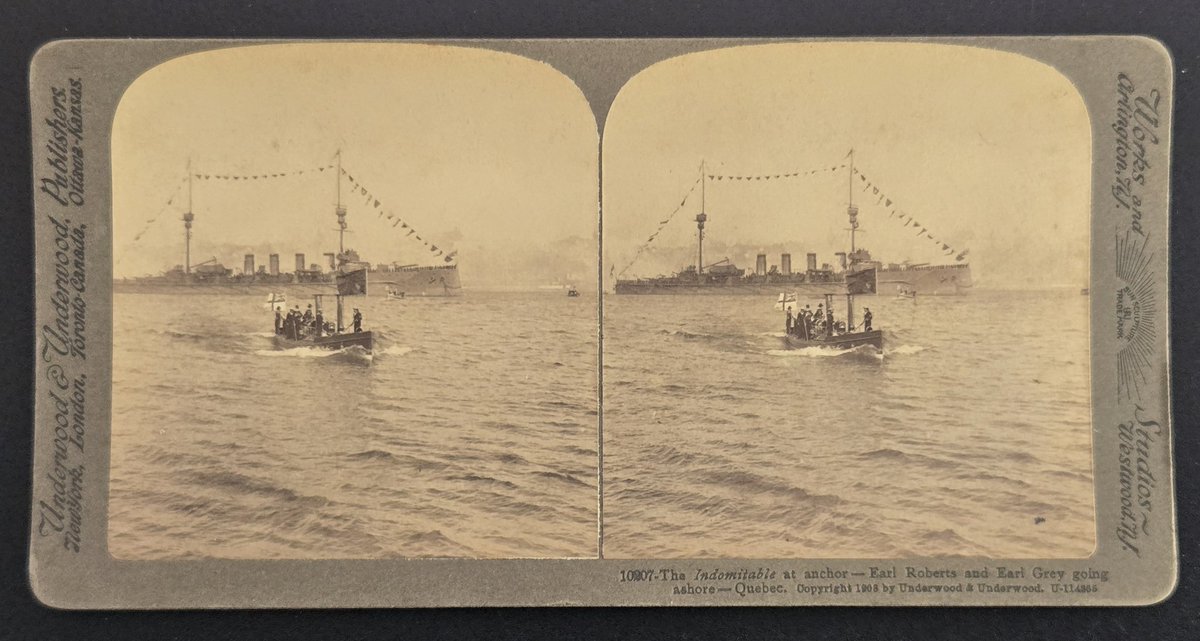 AllNations1949's tweet photo. HMS Indomitable at anchor at 1908  Quebec Tercentenary celebrations stereoview card. Lot 39 in our 12 October online auction.
#hmsindomitable #quebec #earlygrey #earlroberts #stereoview https://t.co/WXr4zraBQD