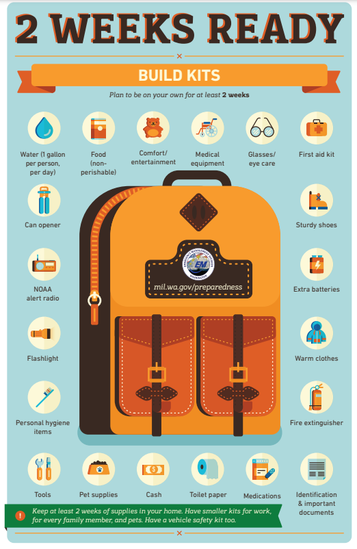 NWSSeattle's tweet photo. Today's #ShakeOut is a good reminder that we should all be 2 WEEKS READY to survive on our own after a disaster. Check out the examples of what to include in your emergency kit below. #wawx https://t.co/mmYzKOt2BT