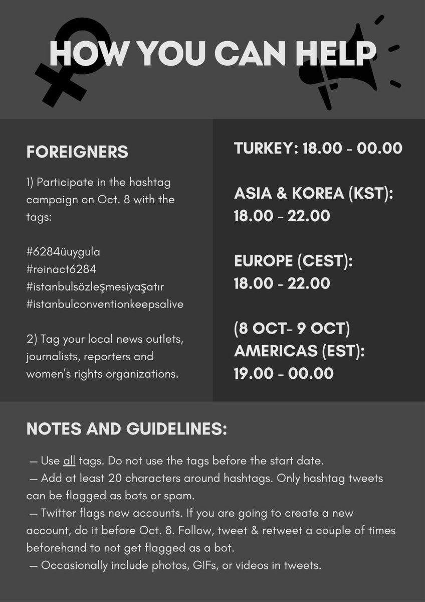 🚨 A GLOBAL CALL FROM TURKIYE TO ALL WOMEN AROUND THE WORLD.

Turkish women have no real security. Please read about the issue and help raise awareness and spread the word, speak up for them and be their voice, participate in the hashtag campaign organized for October 8.