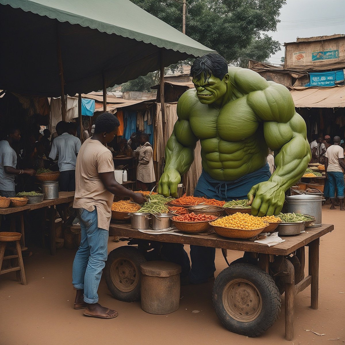 dawnoftheai's tweet photo. Eat from hulk and become hulk 
#hulk #marvel #africa #streetfood #aiart #trending #grok #aigenerated https://t.co/SK2NPKTYU3