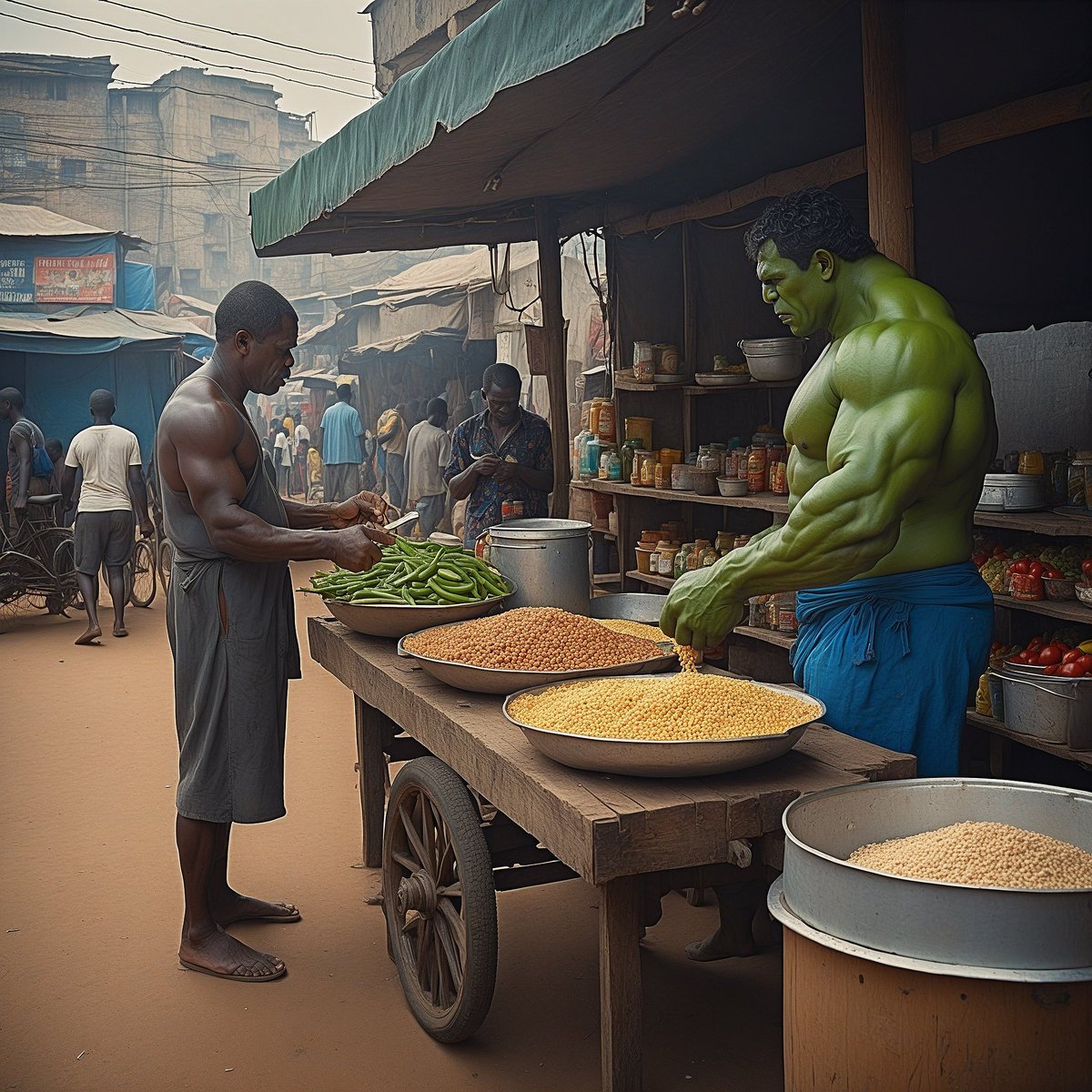 dawnoftheai's tweet photo. Eat from hulk and become hulk 
#hulk #marvel #africa #streetfood #aiart #trending #grok #aigenerated https://t.co/SK2NPKTYU3