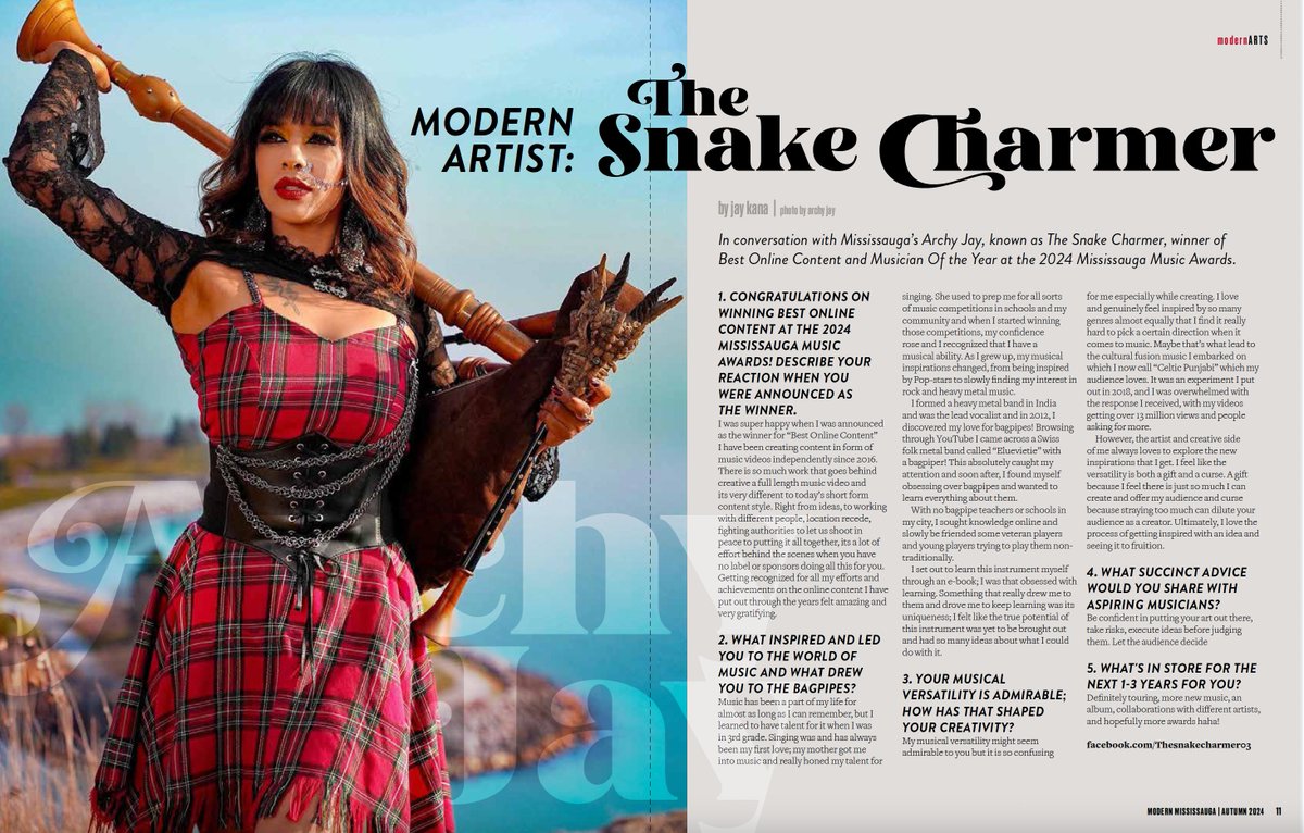 We interviewed Mississauga's The Snake Charmer, who won the 2024 Mississauga Music awards for both Best Online Content and Musician of the Year!

Read the full interview here:
issuu.com/modernmi.../do…