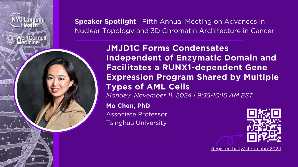 ● Speaker Spotlight 🎤— Dr. Mo Chen from <a href="/Tsinghua_Uni/">Tsinghua University</a> will discuss how JMJD1C forms condensates and drives RUNX1-dependent gene expression in AML cells. Many scientists have already registered — see you there! bit.ly/chromatin-2024