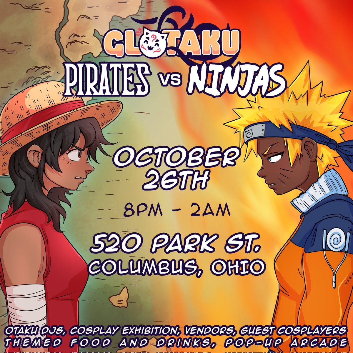 🚨Attention Glotaku crew 🚨
NEW DATE AND LOCATION FOR COLUMBUS 
Oct 26th, 8pm-2am 
520 N Park Columbus, OH
Cosplay, Vendors, Otaku DJs and more!! 
Choose your side 
🏴‍☠️Vs🥷🏾