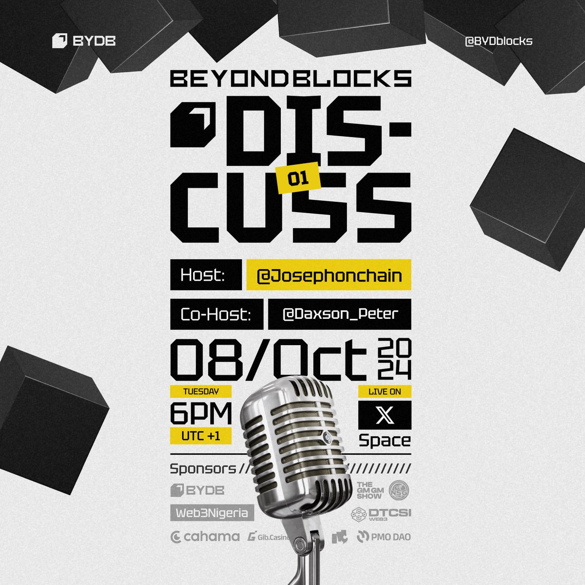 BYDblocks's tweet photo. We are set to host you for the first BYDBlocks spaces!

Join in on the conversation with @josephonchain and @Daxson_Peter  with other amazing chads, come Tuesday October 8th | 6pm UTC +1

Set a reminder 👇 https://t.co/E35L51KRk2