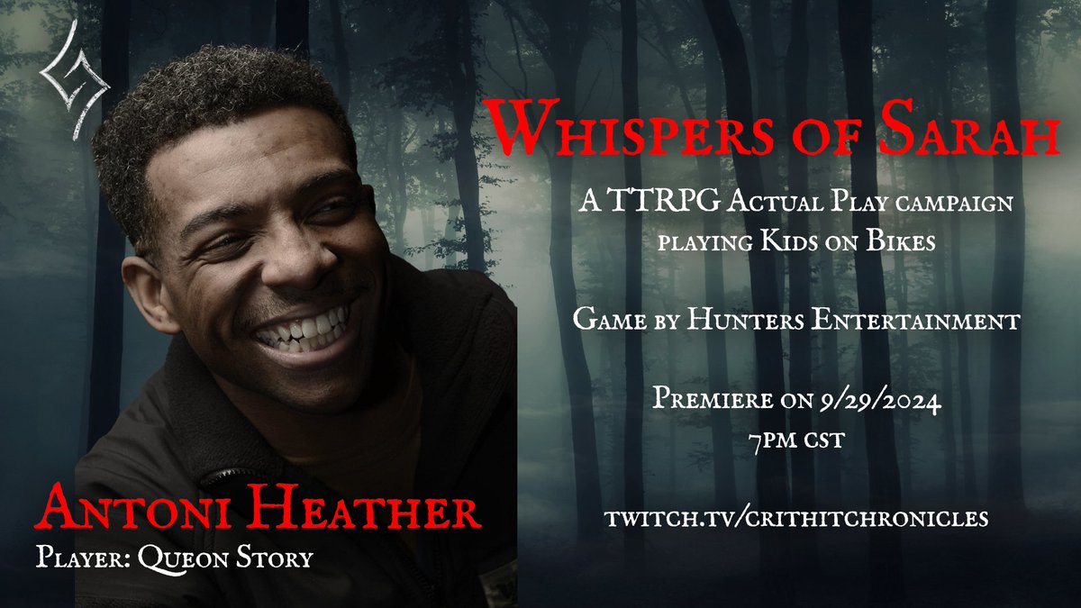 Crit Hit Chronicles (@crithitchron) on Twitter photo Tonight is episode two of Whispers of Sarah, a Kids on Bikes horror series inspired by the Haunting of Hill House!
Game by <a href="/Hunters_Ent/">Hunters Entertainment</a>
@mr_darryldorsey @veeisforvampire @bruthaqueon @ktartaglione8 <a href="/4evergmjustin/">GM Justin</a>
#ttrpg #actualplay #horror #WhispersofSarah #CritHitChronicles Tonight is episode two of Whispers of Sarah, a Kids on Bikes horror series inspired by the Haunting of Hill House!
Game by <a href="/Hunters_Ent/">Hunters Entertainment</a>
@mr_darryldorsey @veeisforvampire @bruthaqueon @ktartaglione8 <a href="/4evergmjustin/">GM Justin</a>
#ttrpg #actualplay #horror #WhispersofSarah #CritHitChronicles