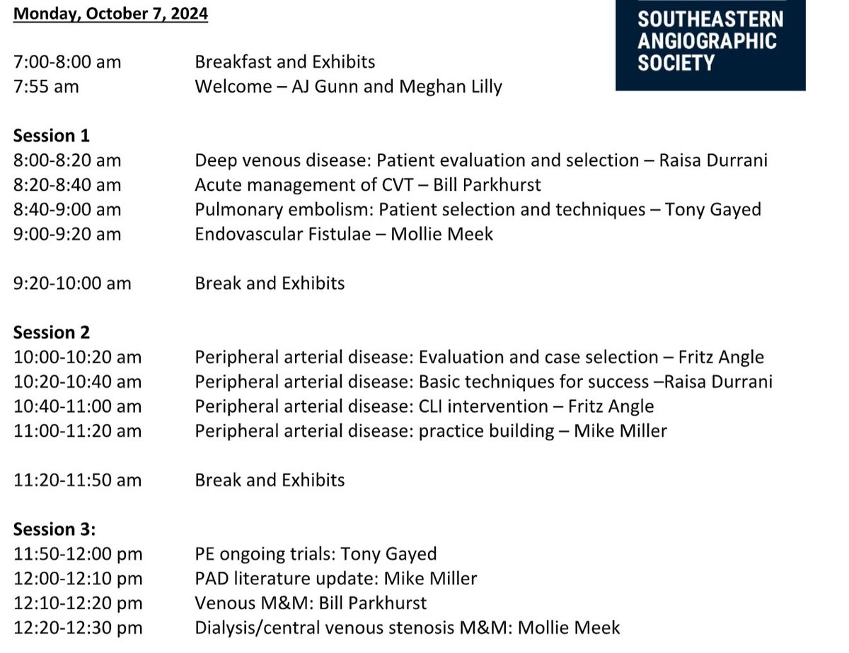 AJ Gunn (@ajgunnmd) on Twitter photo Looking forward to Day 1 of the 50th Annual SEAS meeting in <a href="/hiltonheadsc/">Hilton Head Island</a> tomorrow with this great line up!
<a href="/LukeWilkins_UVA/">Luke Wilkins, MD, FSIR</a> <a href="/GabGabrielMD/">Gaby E. Gabriel, MD, FSIR</a> Looking forward to Day 1 of the 50th Annual SEAS meeting in <a href="/hiltonheadsc/">Hilton Head Island</a> tomorrow with this great line up!
<a href="/LukeWilkins_UVA/">Luke Wilkins, MD, FSIR</a> <a href="/GabGabrielMD/">Gaby E. Gabriel, MD, FSIR</a>