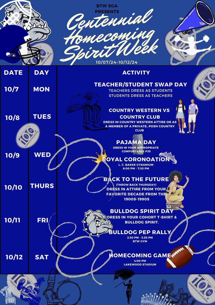 Booker T. Washington High School (@apswashington) on Twitter photo Centennial Homecoming Spirit Week! 
Join in with the fun this week!
Mon- Teach/Student Swap!
Tues - Country Western vs. Country Club
Wed - PJ Day 
Thurs - Throw it Back to Your Favorite Decade
Fri - Show Your Bulldog Spirit! Wear your Royal Blue and White! #BTW1924 Centennial Homecoming Spirit Week! 
Join in with the fun this week!
Mon- Teach/Student Swap!
Tues - Country Western vs. Country Club
Wed - PJ Day 
Thurs - Throw it Back to Your Favorite Decade
Fri - Show Your Bulldog Spirit! Wear your Royal Blue and White! #BTW1924