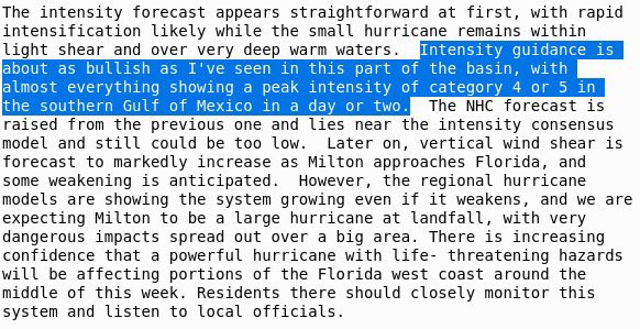 ChrisJacksonSC's tweet photo. I am not going to write a doom and gloom tweet saying I’m getting concerned for any particular city on the Florida Gulf Coast, at least not yet. 

But I will say right now, this hurricane is built different and will approach to Florida coast from a pretty unusual direction with a giant fetch of water coming with it. 

If the current intensity trends verify with Milton making an attempted run to Cat 5 at some point in the next 48-72hrs, and then weakening as it approach’s landfall, along the coast the water impacts will not vary too much. If anything remotely close to this verifies, there will be widespread catastrophic to extreme water impacts somewhere along the Florida Gulf Coast. 

That is why everyone must take this storm seriously and if you live in an evacuation zone you should be prepared to leave at a moments notice. Stay tuned to local officials for the latest evacuation information.

This is honestly one of the most concerning hurricanes/forecasys I can remember going back to maybe the 2005 season.