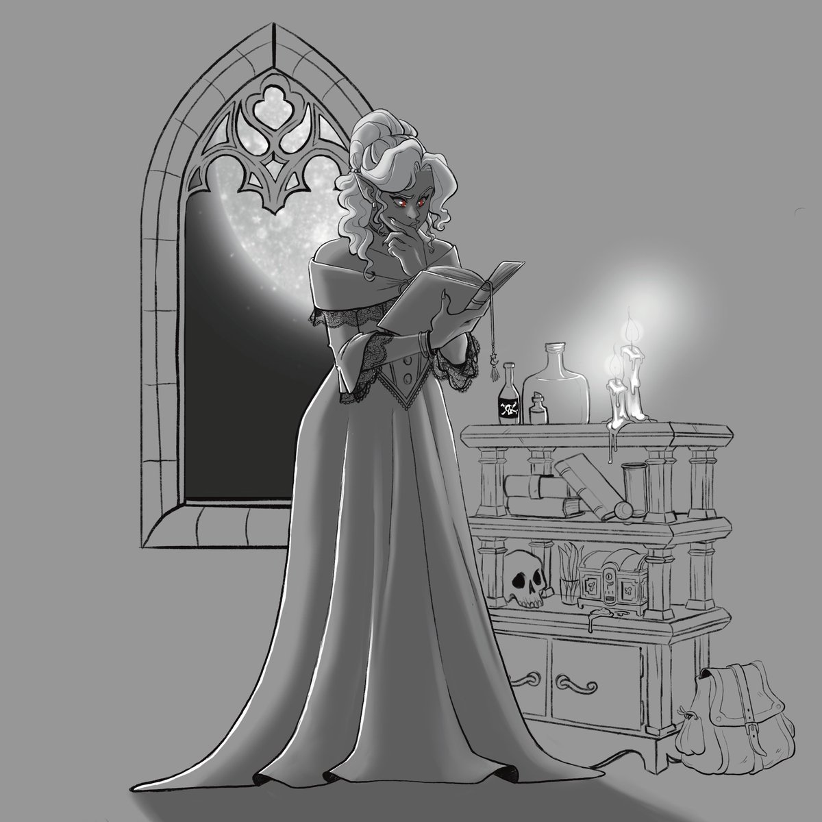 Time for my second #dndtober piece! I loaded quite a few prompts into this one 2.Spell component 4.Poison 5.Arcana 8. Bag of Holding 10.Arcane Focus 20.Spellbook All featured with my gorgeous #vampire #oc Evelyn she’s doing some important research. #ocart