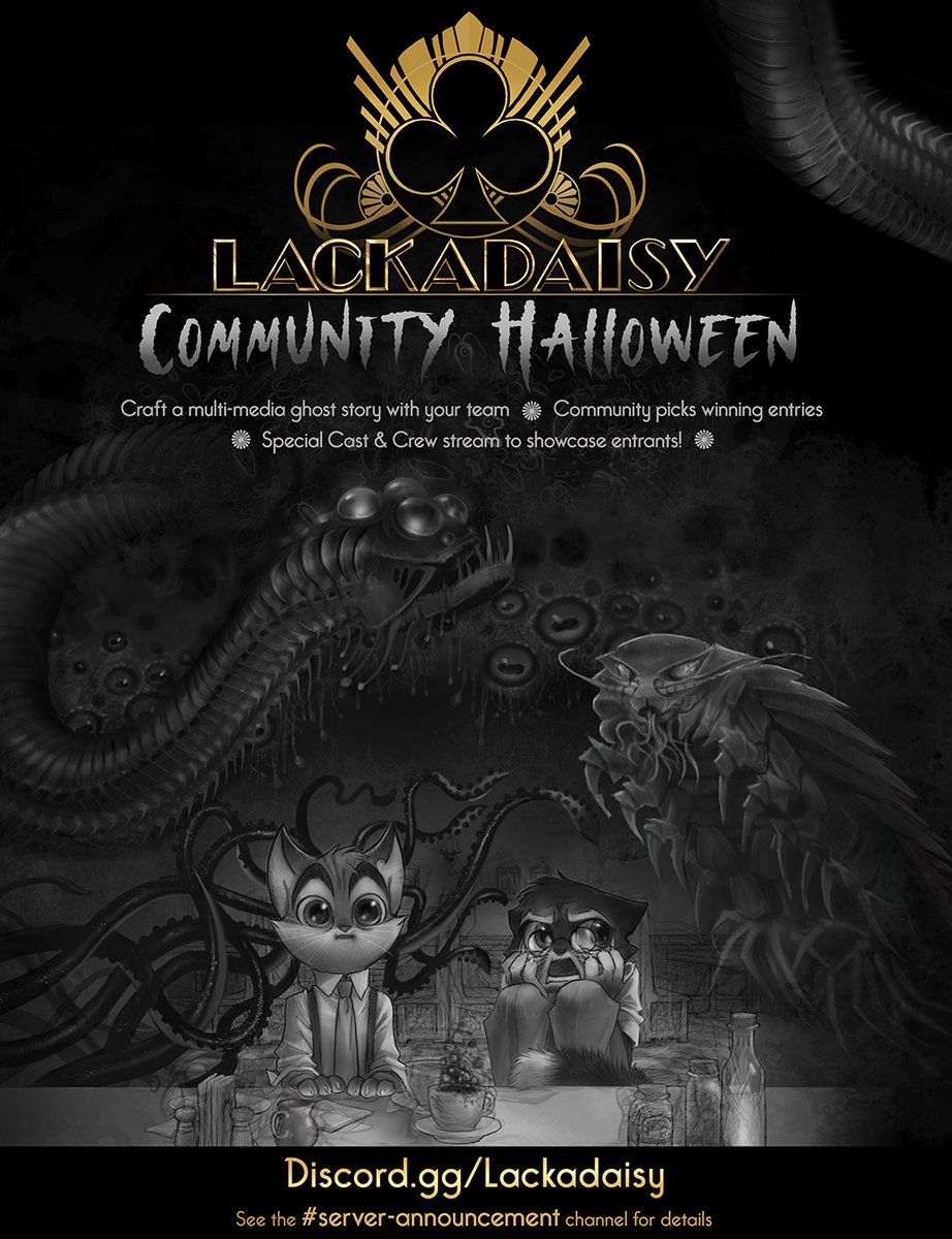 The Lackadaisy Community is hosting a Fall-oween Event! Make a multi-media ghost story with friends in any artform.

Community picks winners, followed by a special Cast &amp; Crew stream to feature entries. VA @JMarnocha will read the winning written entry!

discord.gg/lackadaisy