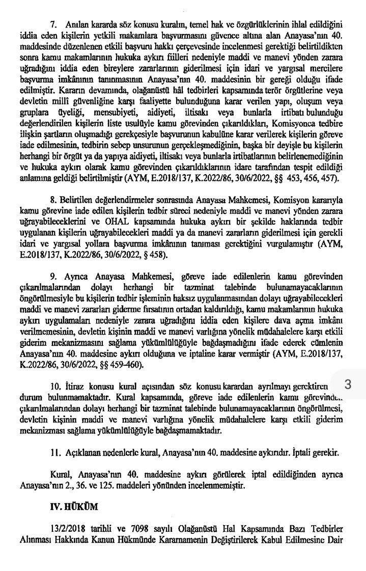 drgokhangunes's tweet photo. Anayasa Mahkemesi, az önce Resmi Gazete'de yayımlanan kararı ile KHK'larla kamu görevinden çıkarılan,  ancak daha sonra Komisyon veya mahkeme kararıyla görevine iade edilen kamu görevlilerinin tazminat alamayacaklarına ilişkin hükmü oybirliğiyle iptal etti. https://t.co/y5CHtykn64