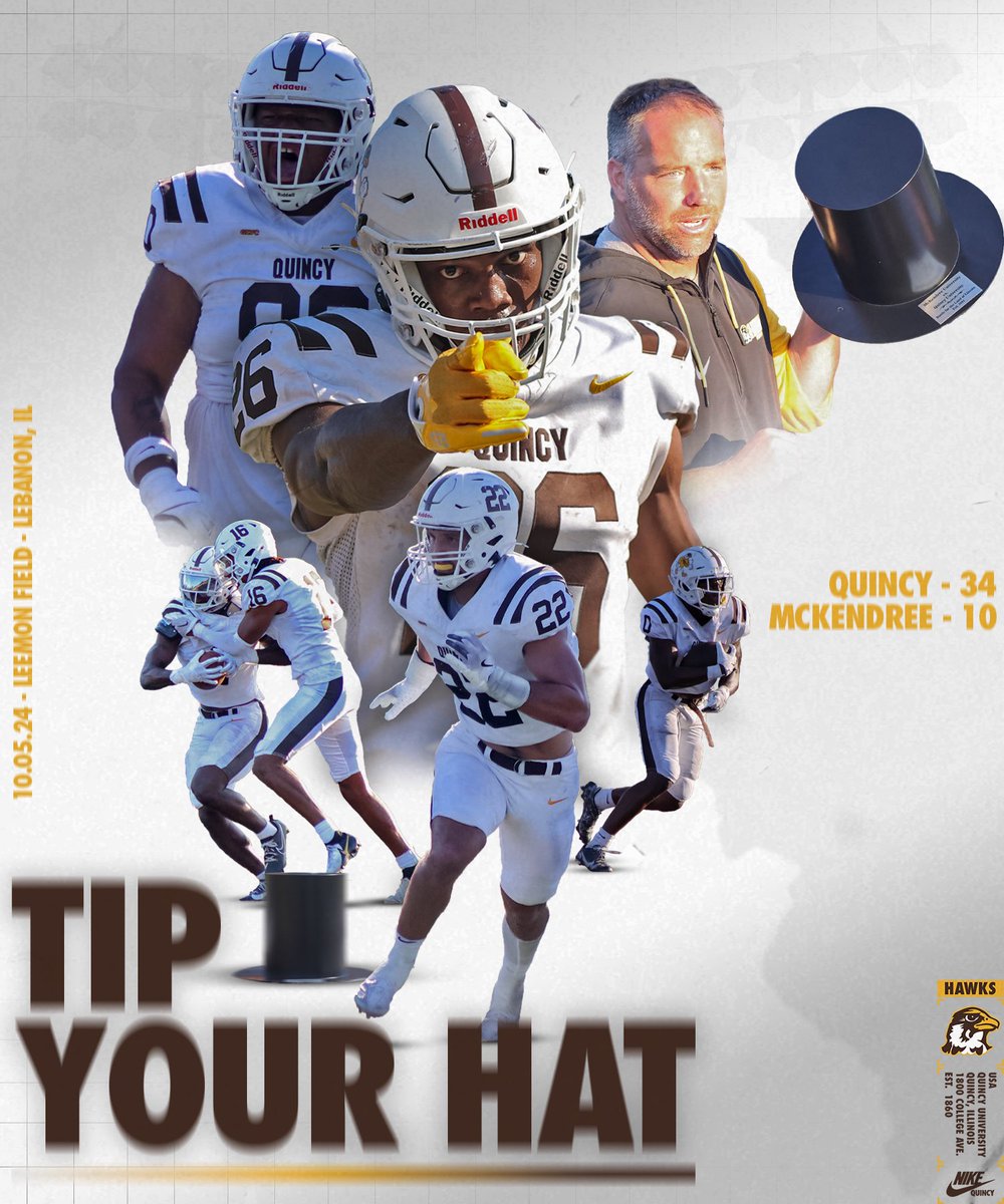 Week 5 Win Poster: McKendree - Battle for the Land of Lincoln 

Hawks: 34
Bearcats: 10