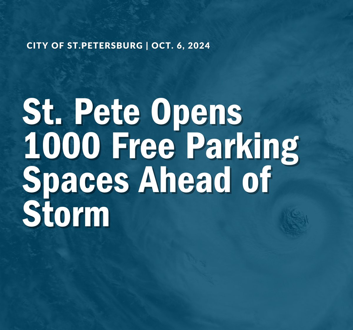 St. Petersburg is offering free parking at the South Core garage (101 1st Ave S) for storm prep on a space-available basis.
Free entry starts Monday (10/7) at 5 p.m. until full or Tuesday (10/8) at 5 p.m. 
To park for free, vehicles must be retrieved by Saturday (10/12) at noon.