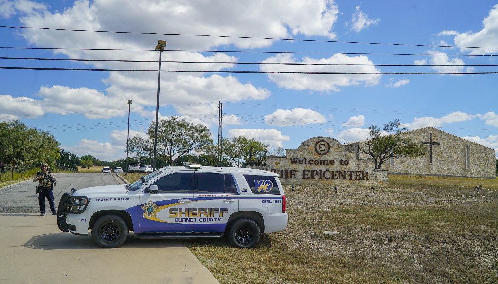EndWokeness's tweet photo. BREAKING: 2 men with large-magazine rifles tried to barricade and then shoot Epicenter Church in Burnet, Texas. 

The 2 suspects were wearing turbans. 

An armed Texan scared them off. https://t.co/u94mYWQnJs