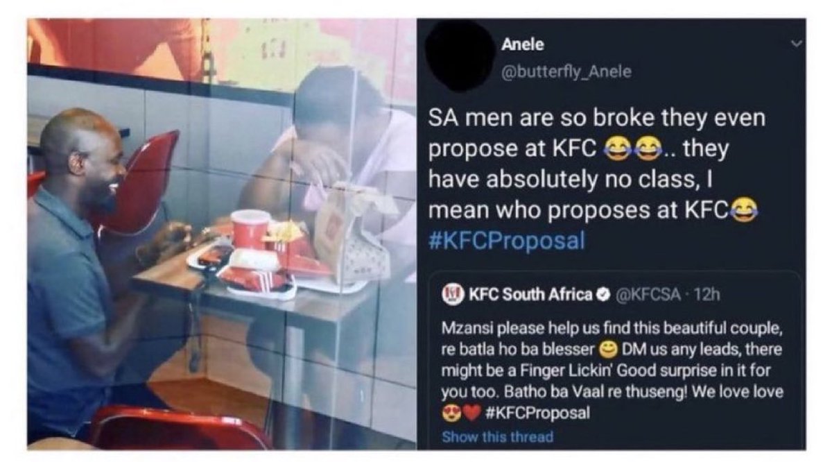 yeskiri's tweet photo. KFCでプロポーズした貧乏カップルを馬鹿にするジャーナリストのツイートを受けて、カップルを探していたKFCに続いて続々と、宝石会社がリングを、旅行会社はハネムーンを、アウディは送迎、コカコーラは結婚式の飲み物、その他企業がTVや電気代一年分や、ギフトを申し出る事態に

素敵すぎる… https://t.co/jh1nMzSBLs