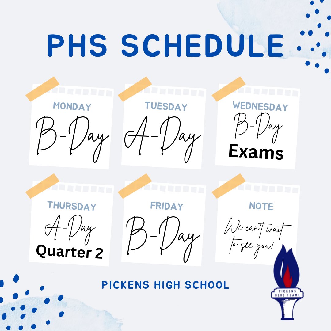 Pickens High School (@pickenshighsc) on Twitter photo Schedule for this week: 10/7/24-10/11/24 Schedule for this week: 10/7/24-10/11/24
