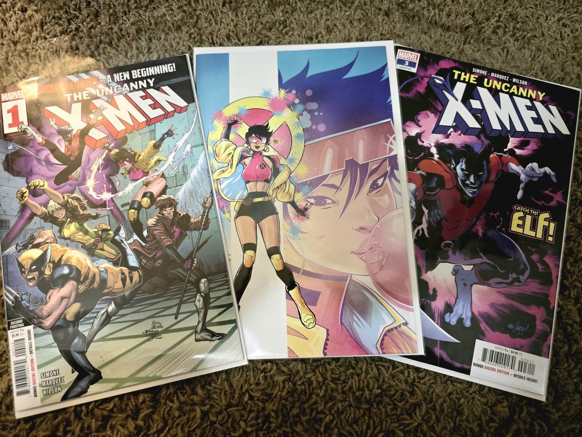 whiteboyvanilla's tweet photo. So excited I finally got the first 3 issues of Uncanny X-Men with writing by the @GailSimone.

My local shop was out of issue #2 and were hoping for a reprint so they get more. I decided to buy one of the variant covers in the mean time, because Jubilee. 😁🤟 https://t.co/vKwS2HSU6t