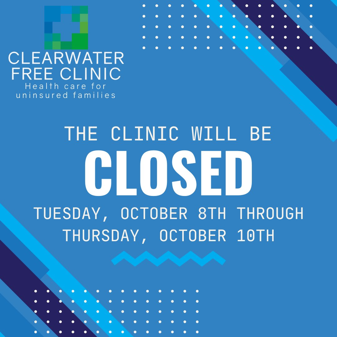 For the safety of staff and patients, Clearwater Free Clinic will be closed Tuesday 10/8 to Thursday 10/10 due Hurricane Milton. Please complete hurricane prep and follow @pinellasgov for updates. Check evacuation zones, sandbags, alerts, and more at disaster.pinellas.gov