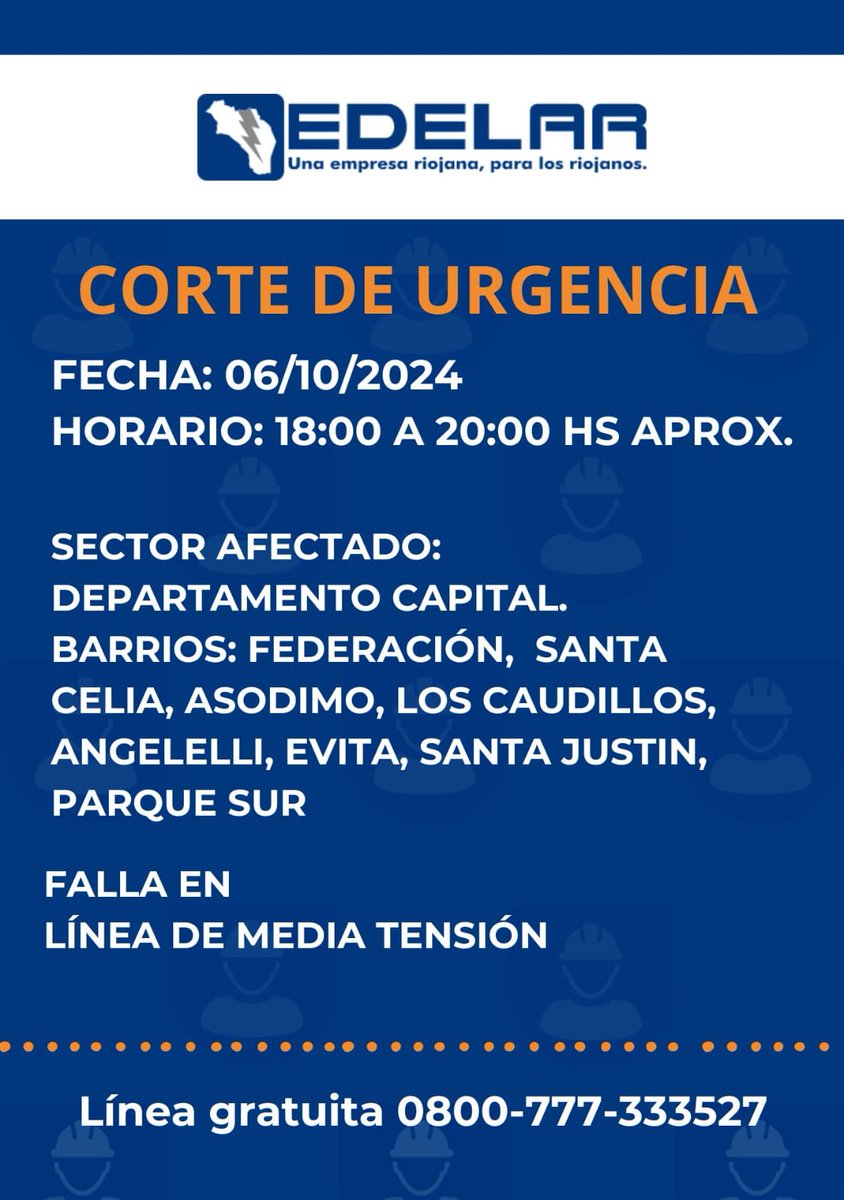 ElTala9's tweet image. 🛑#EdelarInforma corte de energía en Capital

✔️Se realizó corte de urgencia que afecta barrios; Federación, Santa Celia, Asodimo, Los Caudillos, Angelelli, Evita, Santa Justina, Parque Sur, por falla en Linea de Media Tensión.  @EdelarSA