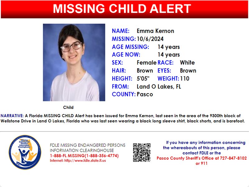 fdlepio's tweet photo. Please share!
A Florida MISSING CHILD Alert has been issued for 14-year-old Emma Kernon, last seen  in Land O Lakes, Florida.   If you have any information, please contact the Pasco County Sheriff's Office at 727-847-8102 or 911. https://t.co/nPEXDuh6fg