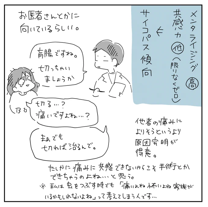 (2/2)
同じASDでもサイコパス傾向は男性に多く、アスペルガー傾向は女性に多いんじゃないかと思っている(←あくまで"多い"です)

人の痛みを自分ごとに出来ない男性、自分から見える世界を基準に生きる女性…結構いない?
男女間のズレってこの共感力の違いなんじゃないかな、ASDの関係なしに。 