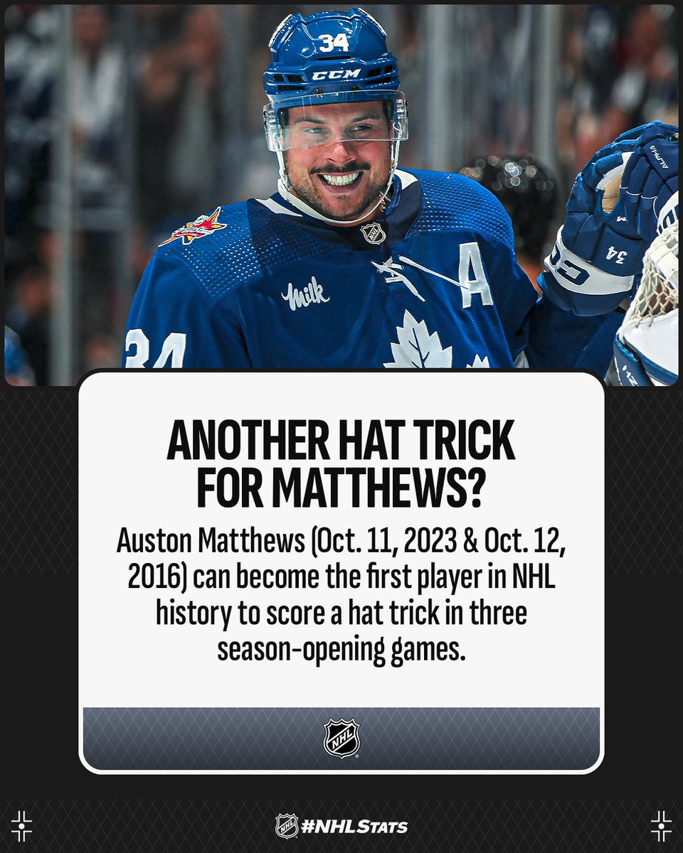 Will hats fly in Montreal? Auston Matthews can join Cam Neely (1994-95 &amp; 1995-96) as the only players in NHL history with consecutive season-opening 🎩 🎩 . #NHLFaceOff 

📆: Oct. 9
⏰: 7 p.m. ET
📺: <a href="/Sportsnet/">Sportsnet</a>, <a href="/TVASports/">TVA Sports</a> 

More Season Openers #NHLStats: media.nhl.com/site/asset/pub…