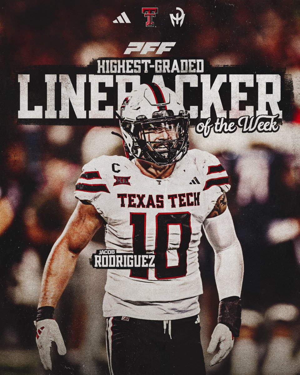 Texas Tech Football (@texastechfb) on Twitter photo J-Rod is the highest graded LB in the country this week. 👏
• Started the game with a sack
• 13 tackles (tied career high)
• Tipped a pass that led to an INT
• Punched out the fumble in the fourth
<a href="/Jacob_R_10/">Jacob Rodriguez 🌵</a> | #WreckEm J-Rod is the highest graded LB in the country this week. 👏
• Started the game with a sack
• 13 tackles (tied career high)
• Tipped a pass that led to an INT
• Punched out the fumble in the fourth
<a href="/Jacob_R_10/">Jacob Rodriguez 🌵</a> | #WreckEm