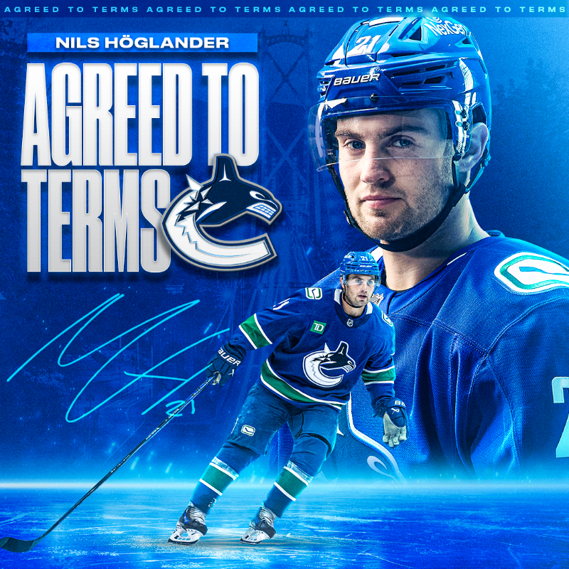 Canucks's tweet photo. General Manager Patrik Allvin announces that the #Canucks have agreed to terms with forward Nils Höglander on a three-year contract extension with a $3 million AAV.